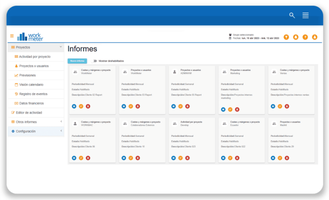 Captura de programar informes de proyectos de workmeter