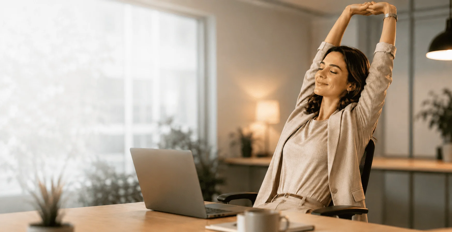 Empleada estirándose y desconectando al finalizar su jornada laboral