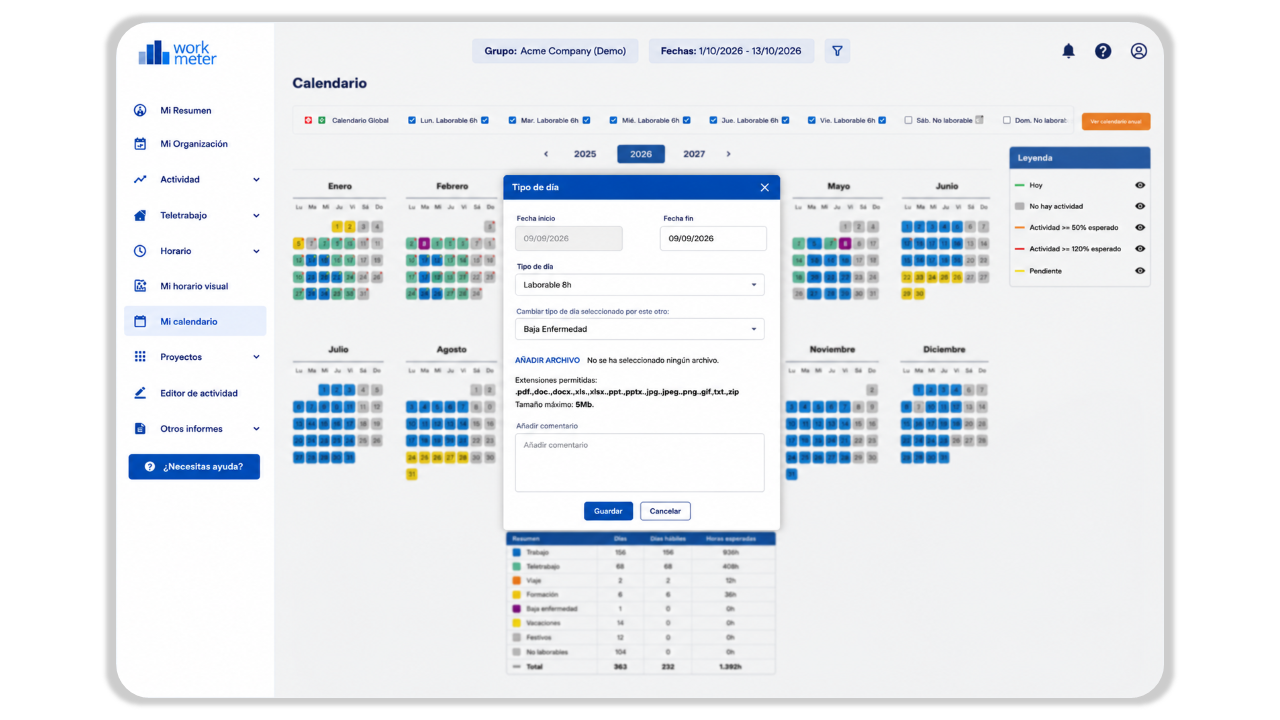 Calendario tipo de día